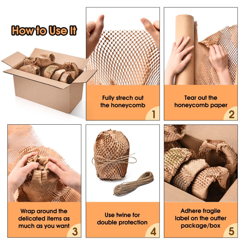 Pacific Mailer Honeycomb Packing Paper Pacific Mailer 12"" x 65' Moving Paper Bubble Cushioning Wrap with 20 Fragile Sticker Labels - Image 5